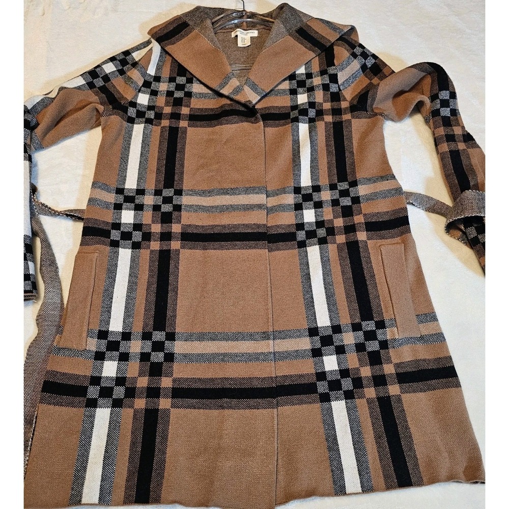Christian Siriano Hooded Brown Plaid Cardigan Sweater Women's Size Medium - Picture 4 of 9